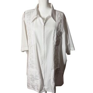 Haband Guayabera Zip Front Shirt 3X White Good Embroidered Pleated Mexican Mens